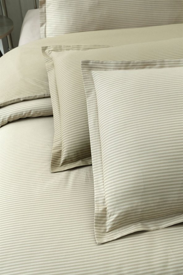 Solid Fancy Stripe Poplin Nevresim Takımı King Size V1-bej ürün görseli 1