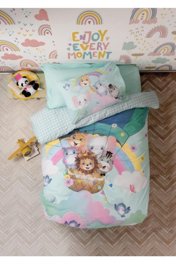 Genç Ranforce Nevresim Takımı Tek Kişilik Cute Animals Mint ürün görseli 1