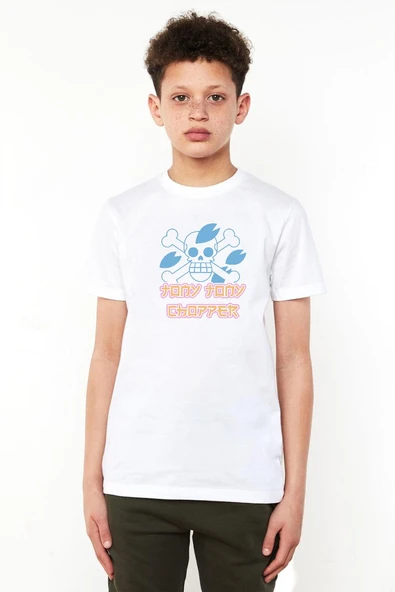 One Piece Anime Tony Tony Chopper Jolly Roger Beyaz Çocuk Bisikletyaka Tshirt ürün görseli 1