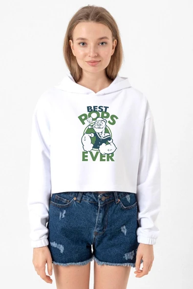 Popeye Best Pops Ever Beyaz Optik Kadın Crop Kapşonlu ürün görseli 1