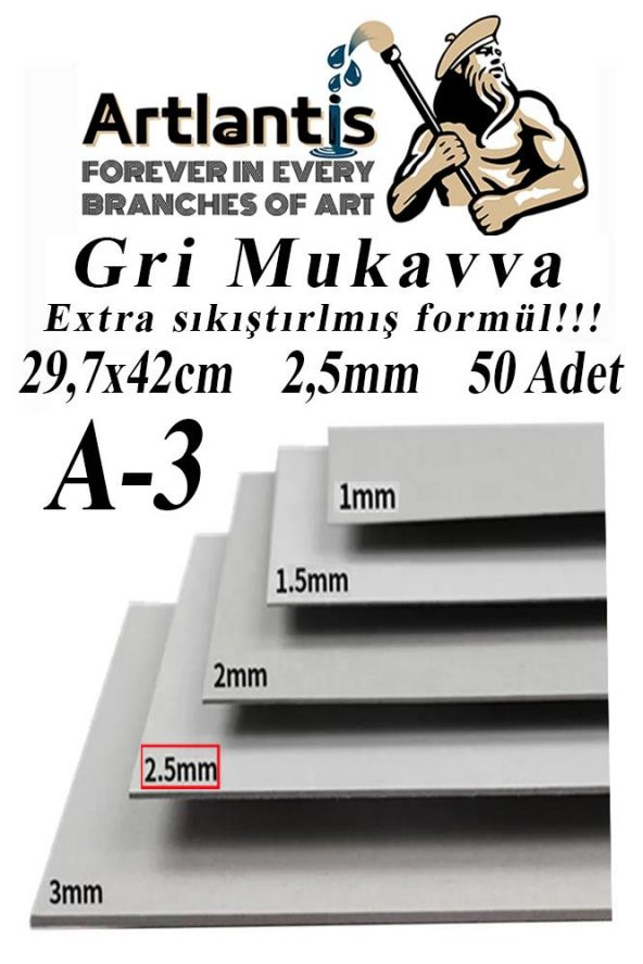 A3 Mukavva Gri 2.5 mm 50 Adet 1 Paket 29.7x42 cm A-3 Mukavva 2,5 mm Kalınlığında A-3 Mukavva ürün görseli 1