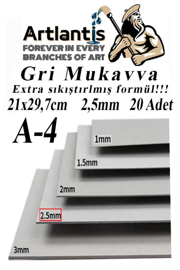 A4 Mukavva Gri 2.5 mm 20 Adet 1 Paket 21x29,7 cm A-4 Mukavva 2,5 mm Kalınlığında A-4 Mukavva ürün görseli 1