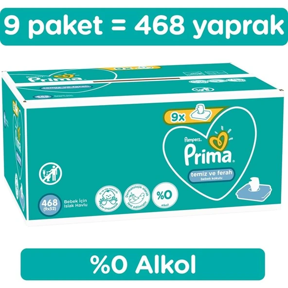 Prima Islak Havlu Mendil Temiz ve Ferah (Bitki Bazlı) 9 Lu Set (3PK*3) 468 Yaprak ürün görseli 1