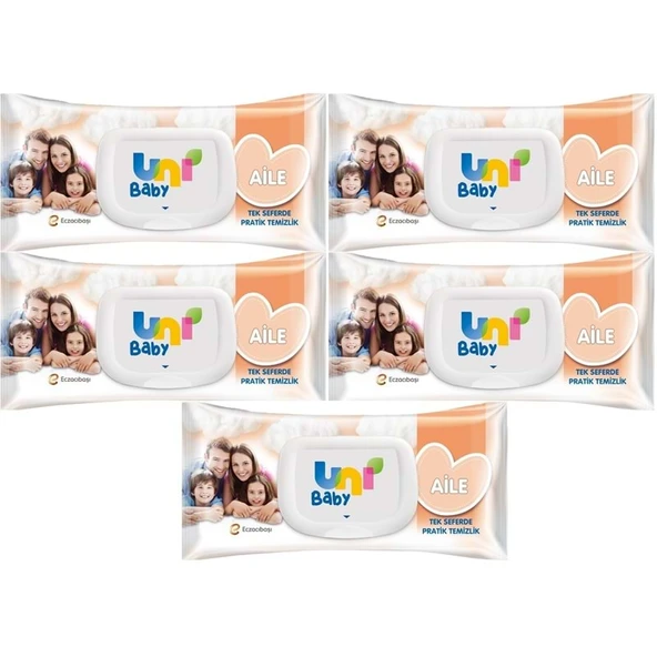 Uni Baby Islak Havlu Mendil 90 Yaprak Aile (5 Li Set) 450 Yaprak Plastik Kapaklı ürün görseli 1