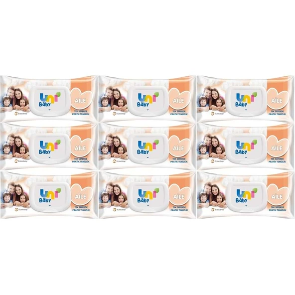 Uni Baby Islak Havlu Mendil 90 Yaprak Aile (9 Lu Set) 810 Yaprak Plastik Kapaklı ürün görseli 1
