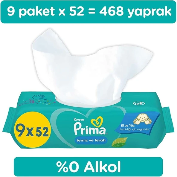 Prima Islak Havlu Mendil Temiz ve Ferah (Bitki Bazlı) 9 Lu Set (3PK*3) 468 Yaprak ürün görseli 1
