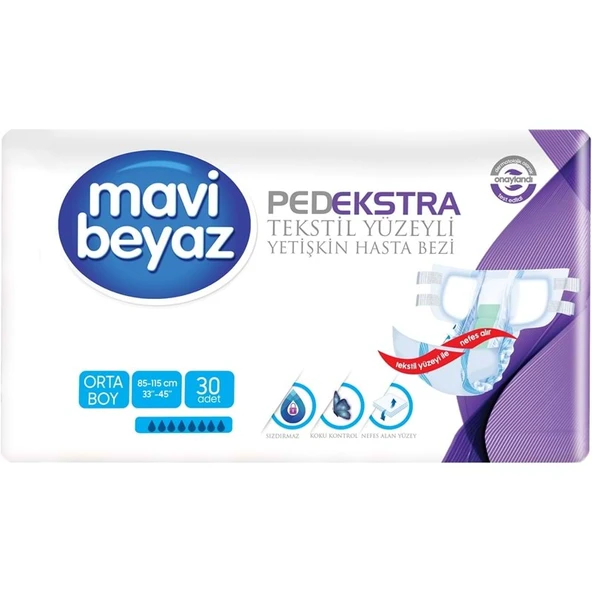 Mavi Beyaz Ped Ekstra Tekstil Yüzeyli Bel Bantlı Yetişkin Bezi M - Medium - Orta 30 Adet ürün görseli 1