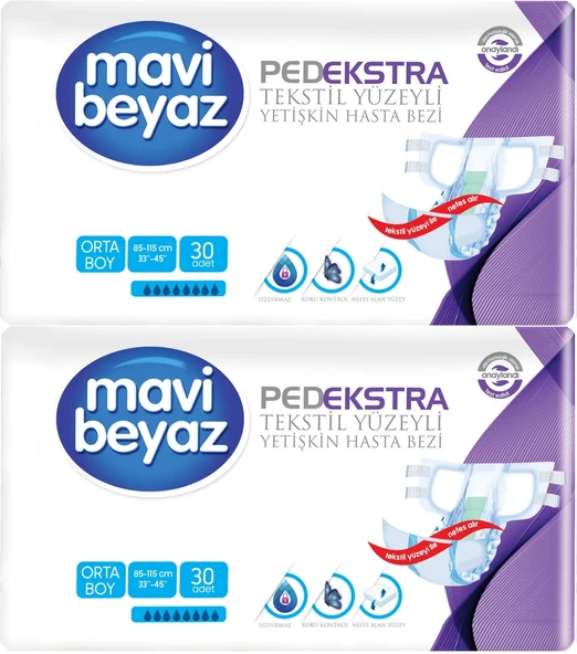 Mavi Beyaz Ped Ekstra Tekstil Yüzeyli Bel Bantlı Yetişkin Bezi M - Medium - Orta 60 Adet ürün görseli 1