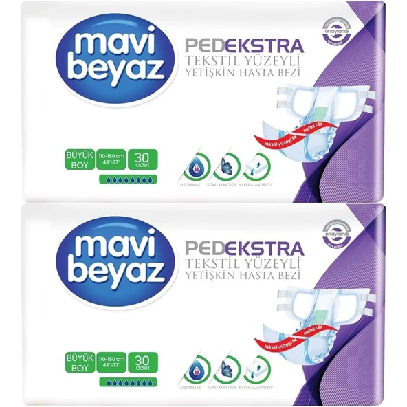 Mavi Beyaz Ped Ekstra Tekstil Yüzeyli Bel Bantlı Yetişkin Bezi L - Large - Büyük 60 Adet ürün görseli 1