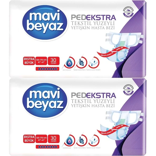 Mavi Beyaz Ped Ekstra Tekstil Yüzeyli Bel Bantlı Yetişkin Bezi XL -Extra Large -Ekstra Büyük 60 Adet ürün görseli 1