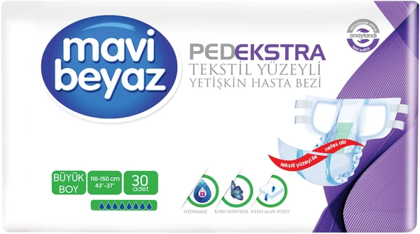 Mavi Beyaz Ped Ekstra Tekstil Yüzeyli Bel Bantlı Yetişkin Bezi L - Large - Büyük 30 Adet ürün görseli 1