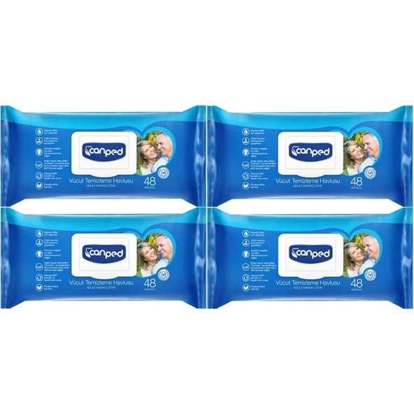 Canped Yetişkin Vücut Perine Temizleme Islak Mendil Havlu 48 Yaprak XL (4 Lü Set) Plastik Kapaklı ürün görseli 1