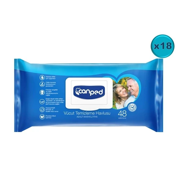 Canped Yetişkin Vücut Perine Temizleme Islak Mendil Havlu 48 Yaprak XL (18 Li Set) Plastik Kapaklı ürün görseli 1