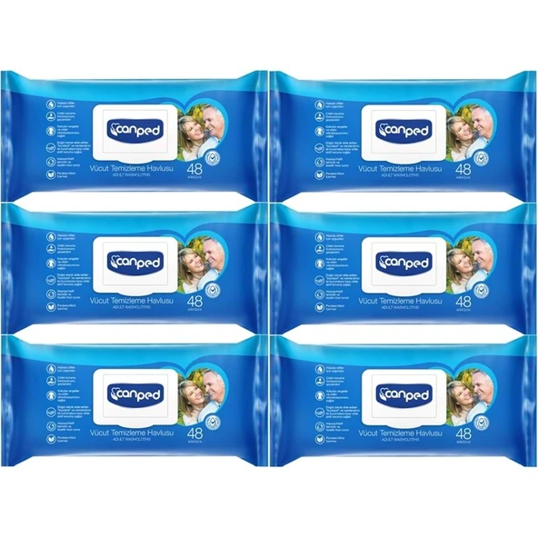 Canped Yetişkin Vücut Perine Temizleme Islak Mendil Havlu 48 Yaprak XL (6 Lı Set) Plastik Kapaklı ürün görseli 1