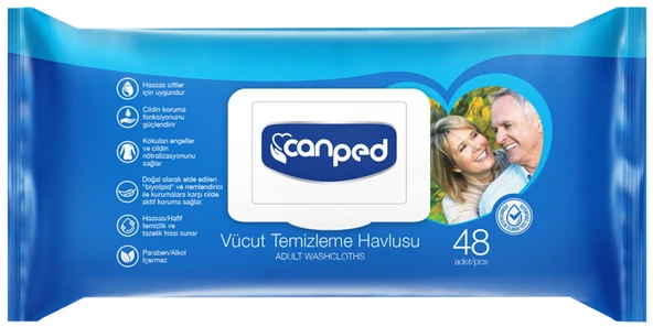 Canped Yetişkin Vücut Perine Temizleme Islak Mendil Havlu 48 Yaprak XL (6 Lı Set) Plastik Kapaklı ürün görseli 1