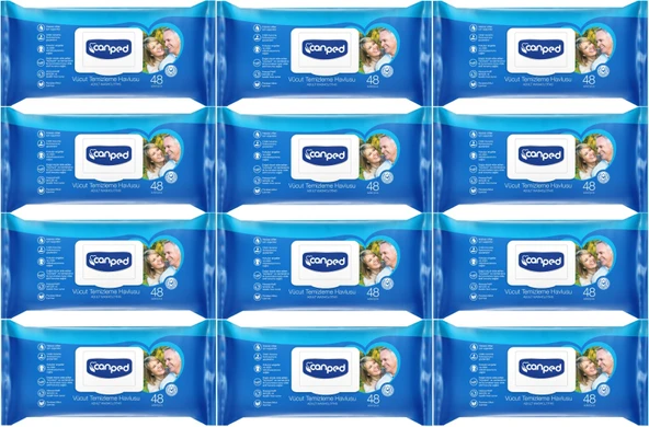 Canped Yetişkin Vücut Perine Temizleme Islak Mendil Havlu 48 Yaprak XL (12 Li Set) Plastik Kapaklı ürün görseli 1