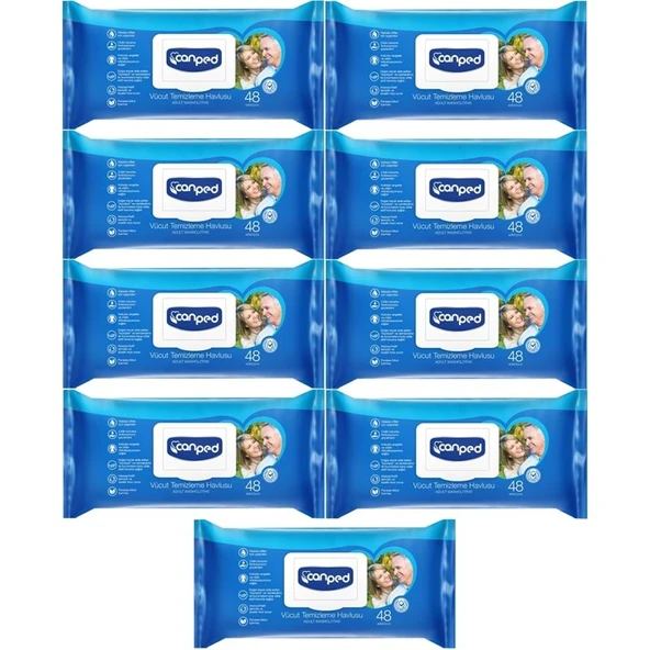 Canped Yetişkin Vücut Perine Temizleme Islak Mendil Havlu 48 Yaprak XL (9 Lu Set) Plastik Kapaklı ürün görseli 1