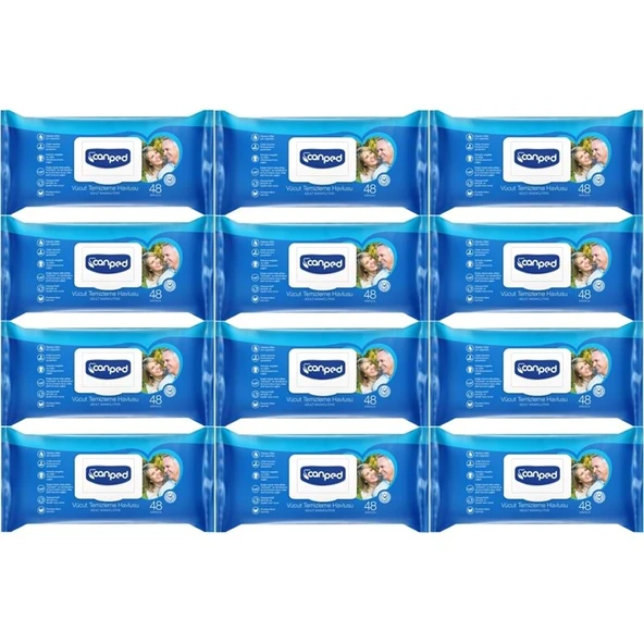 Canped Yetişkin Vücut Perine Temizleme Islak Mendil Havlu 48 Yaprak XL (12 Li Set) Plastik Kapaklı ürün görseli 1