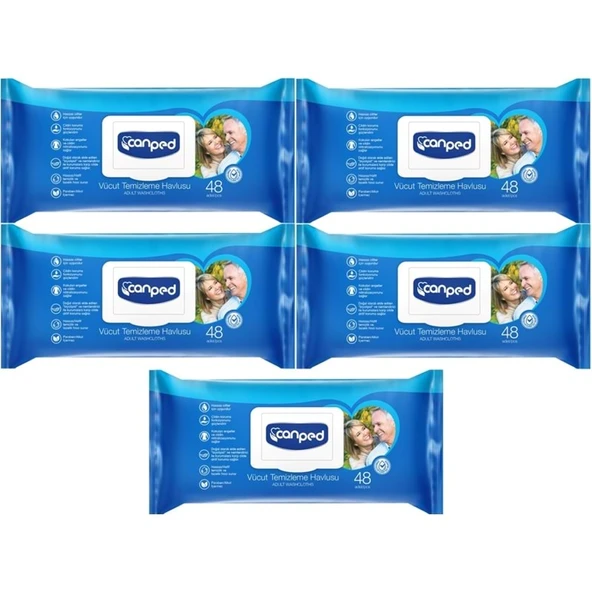 Canped Yetişkin Vücut Perine Temizleme Islak Mendil Havlu 48 Yaprak XL (5 Li Set) Plastik Kapaklı ürün görseli 1