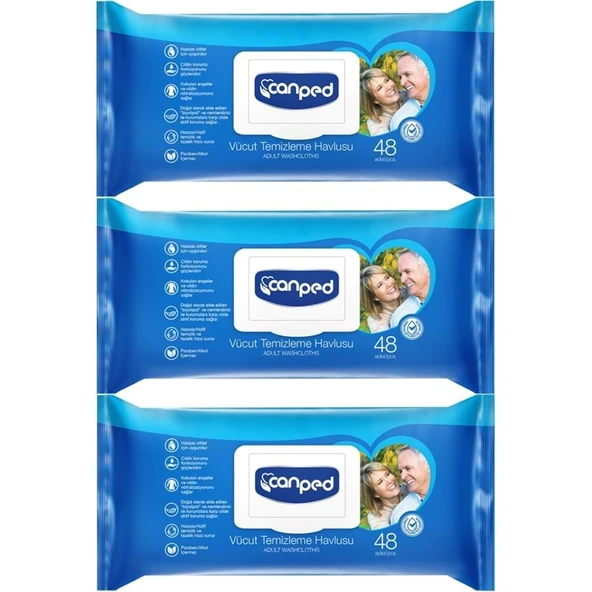 Canped Yetişkin Vücut Perine Temizleme Islak Mendil Havlu 48 Yaprak XL (3 Lü Set) Plastik Kapaklı ürün görseli 1