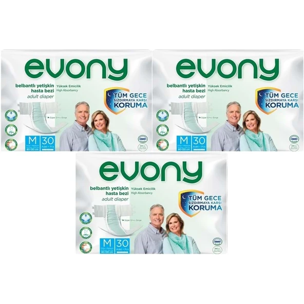 Evony Yetişkin Bezi Bel Bantlı Tekstil Yüzey M-Orta 90 Adet (3PK*30) ürün görseli 1