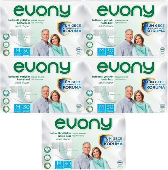 Evony Yetişkin Bezi Bel Bantlı Tekstil Yüzey M-Orta 150 Adet (5PK*30) ürün görseli 1