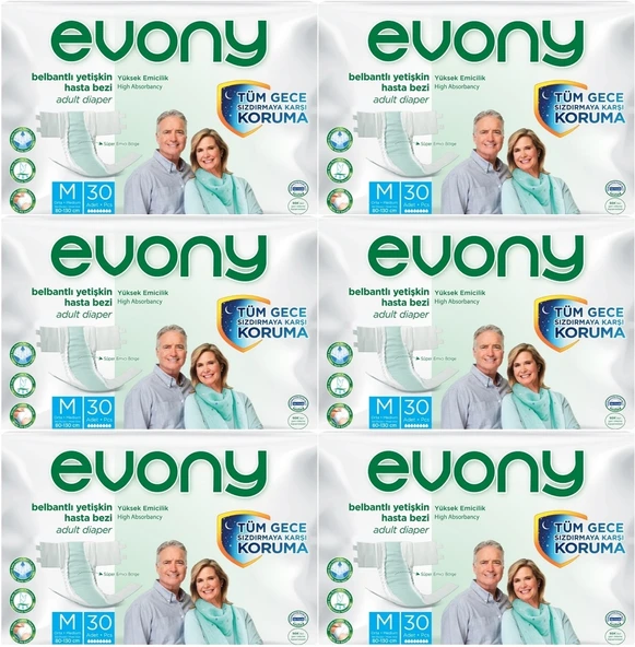 Evony Yetişkin Bezi Bel Bantlı Tekstil Yüzey M-Orta 180 Adet (6PK*30) ürün görseli 1