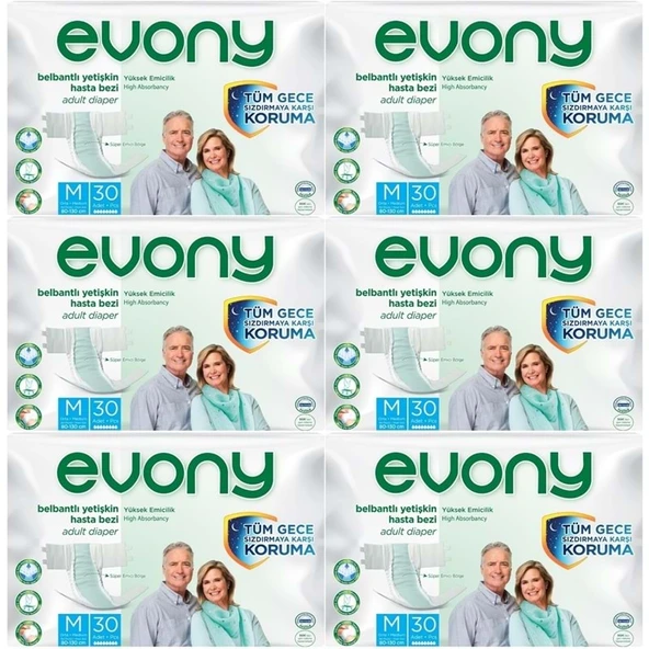 Evony Yetişkin Bezi Bel Bantlı Tekstil Yüzey M-Orta 180 Adet (6PK*30) ürün görseli 1