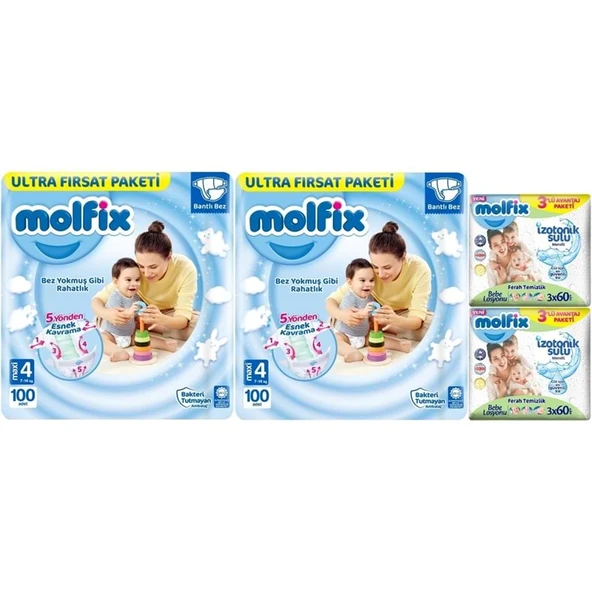 Molfix Bebek Bezi 4 Beden 7-14 KG Maxi 200 Adet Ekonomik Ultra Fırsat Pk+6 Adet Islak Mendil ürün görseli 1