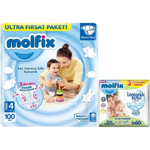 Molfix Bebek Bezi 4 Beden 7-14 KG Maxi 100 Adet Ultra Fırsat Pk+3 Adet Islak Mendil ürün görseli 1