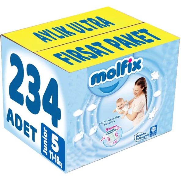 Molfix Bebek Bezi 5 Beden 11-18 KG Junior 234 Adet Aylık Ultra Fırsat Pk ürün görseli 1