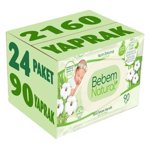 Bebem Natural Islak Bebek Mendili Narin Dokunuş / Yenidoğan 90 Yaprak Plastik Kapaklı 24 Lü Set ürün görseli 1