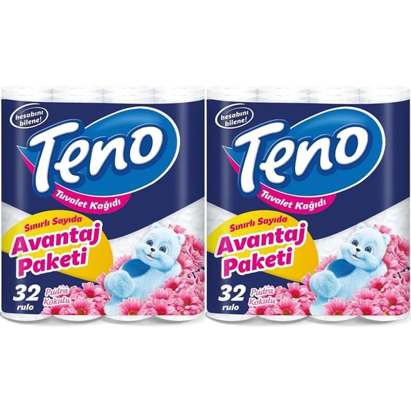 Teno Ultra Tuvalet Kağıdı Çift Katlı 64 Lü Paket Pudra Kokulu (Avantaj Pk Serisi) (2PK*32) ürün görseli 1