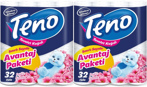 Teno Ultra Tuvalet Kağıdı Çift Katlı 64 Lü Paket Pudra Kokulu (Avantaj Pk Serisi) (2PK*32) ürün görseli 1