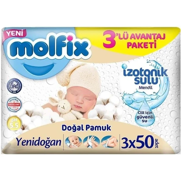 Molfix Islak Havlu Mendil İzotonik Yenidoğan 3 Lü set 50 Yaprak Plastik Kapaklı ürün görseli 1