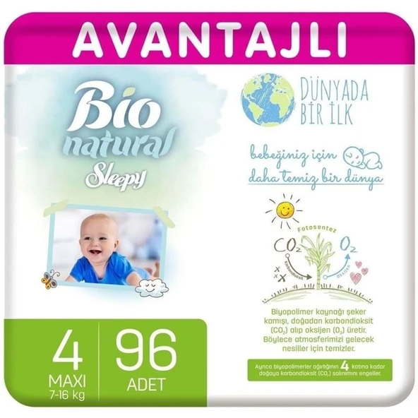 Sleepy Bebek Bezi Bio Natural 4 Beden 7-16 KG Maxi 96 Adet Ultra Pk ürün görseli 1