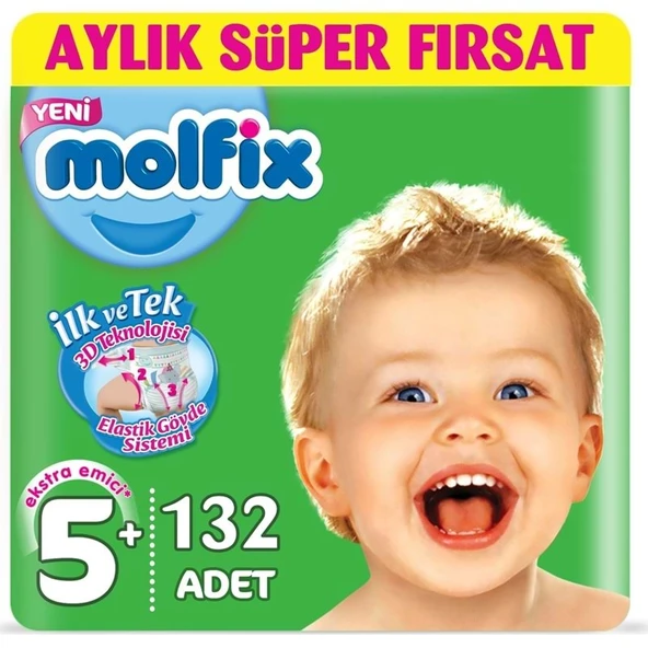 Molfix Bebek Bezi 5+ Beden 13-20 KG 132 Adet Aylık Fırsat Pk + 9 Adet Islak Havlu ürün görseli 1