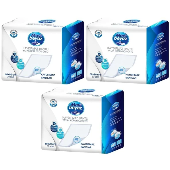 Mavi Beyaz Yetişkin Alt Açma Yatak Koruyucu Örtü 60*90CM 90 Adet (3Pk*30) Kaydırmaz Bantlı ürün görseli 1