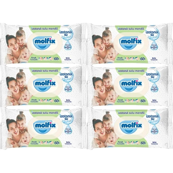 Molfix Islak Havlu Mendil İzotonik Ferah Temizlik 6 Lı set 60 Yaprak Plastik Kapaklı ürün görseli 1