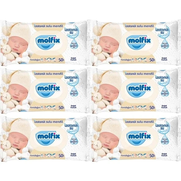 Molfix Islak Havlu Mendil İzotonik Yeni Doğan 6 Lı Set 50 Yaprak Pamuklu Plastik Kapaklı ürün görseli 1