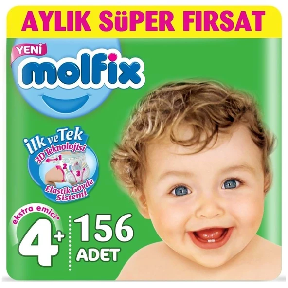 Molfix Bebek Bezi 4+ Beden 9-16 KG Maxi Plus 156 Adet Aylık Fırsat Pk + 9 Adet Islak Havlu ürün görseli 1