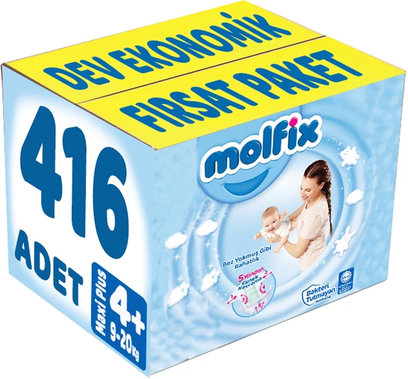Molfix Bebek Bezi 4+ Beden 9-16 KG Maxi Plus 416 Adet Dev Ekonomik Fırsat Pk ürün görseli 1