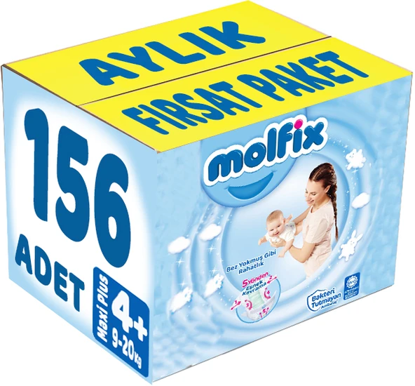 Molfix Bebek Bezi 4+ Beden 9-16 KG Maxi Plus 156 Adet Aylık Fırsat Pk ürün görseli 1