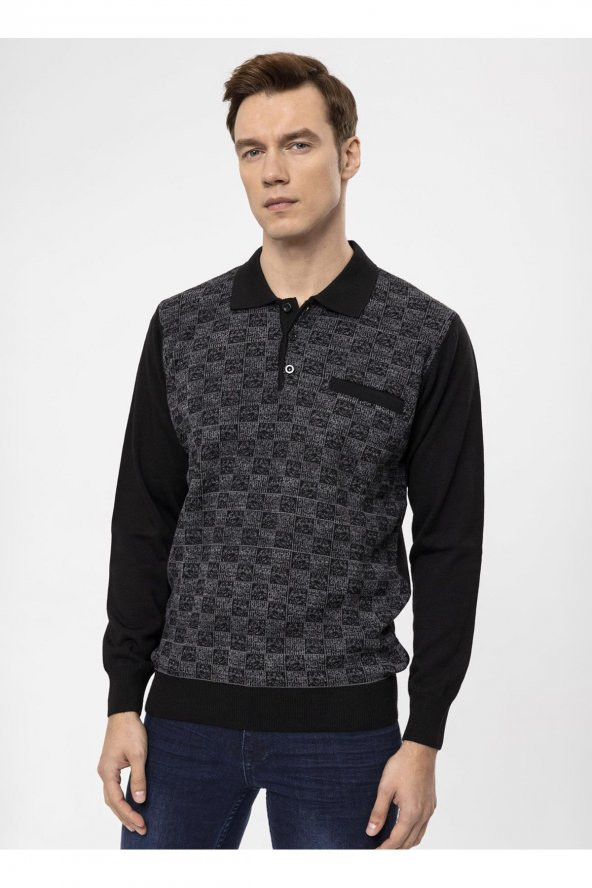 Süvari Polo Yaka Regular Fit Armürlü Siyah Erkek Kazak TR2013700284 ürün görseli 1