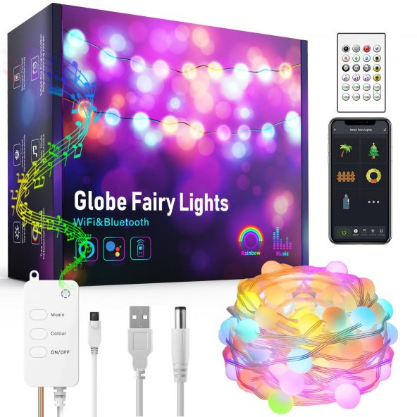 UpWay Bluetooth 10 Metre RGB Renk Değiştiren Akıllı Küre Dizili Işıklar USB 66 LED Kumandalı ürün görseli 1