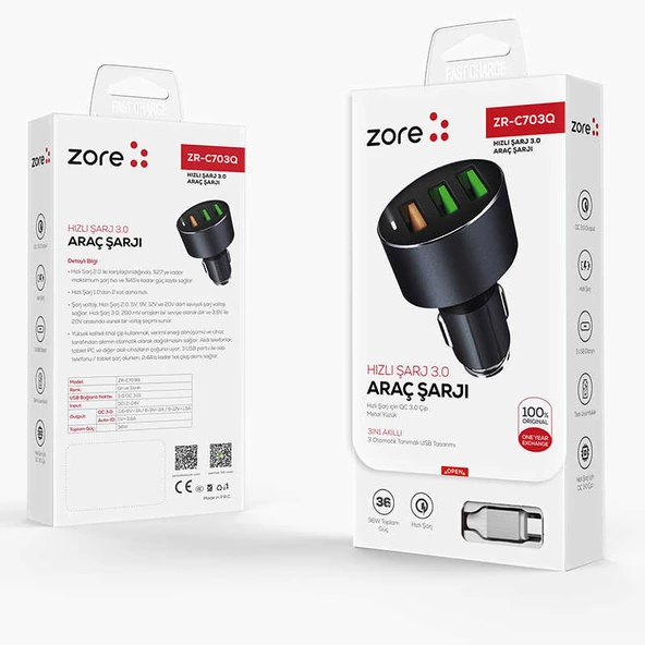 ZR-C703Q 3 Girişli Hizli Araç  Lightning İphone  Şarj Seti ürün görseli 1