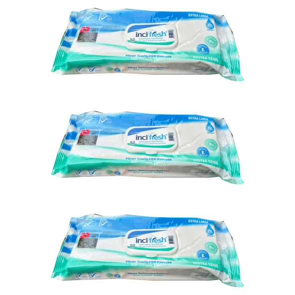 İnci Fresh Islak Vücut Temizleme Havlusu Mendil - Vitamin E + B5 - Parabensiz - 50 Adetlik 3 Paket ürün görseli 1