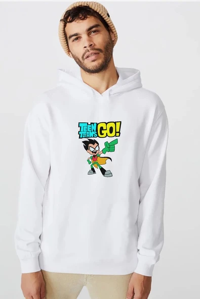 Teen Titans Go Robin Beyaz Erkek 3ip Kapşonlu  Sweatshirt ürün görseli 1