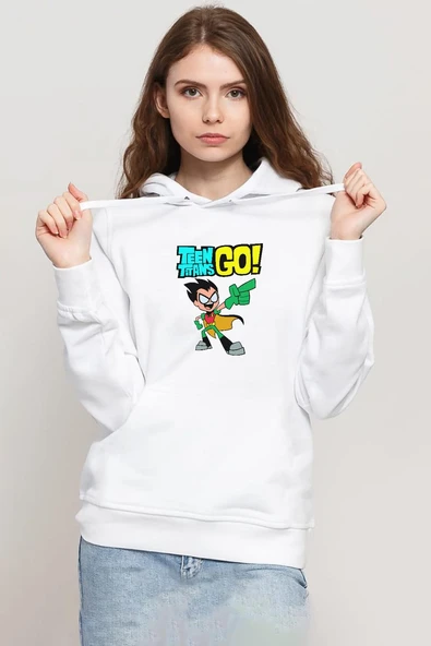 Teen Titans Go Robin Beyaz Kadın 3ip Kapşonlu Sweatshirt ürün görseli 1