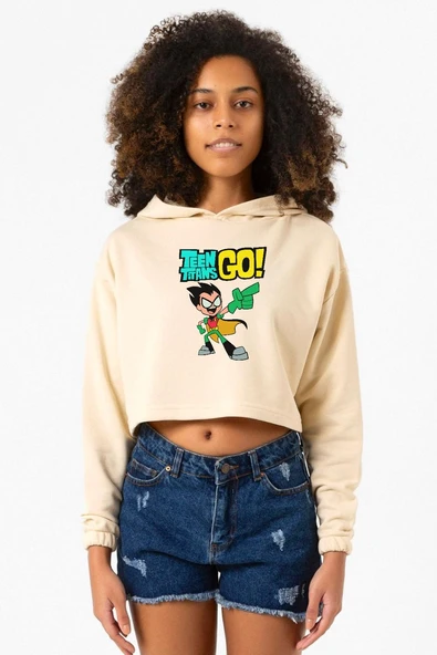 Teen Titans Go Robin Bej Kadın Crop Kapşonlu ürün görseli 1